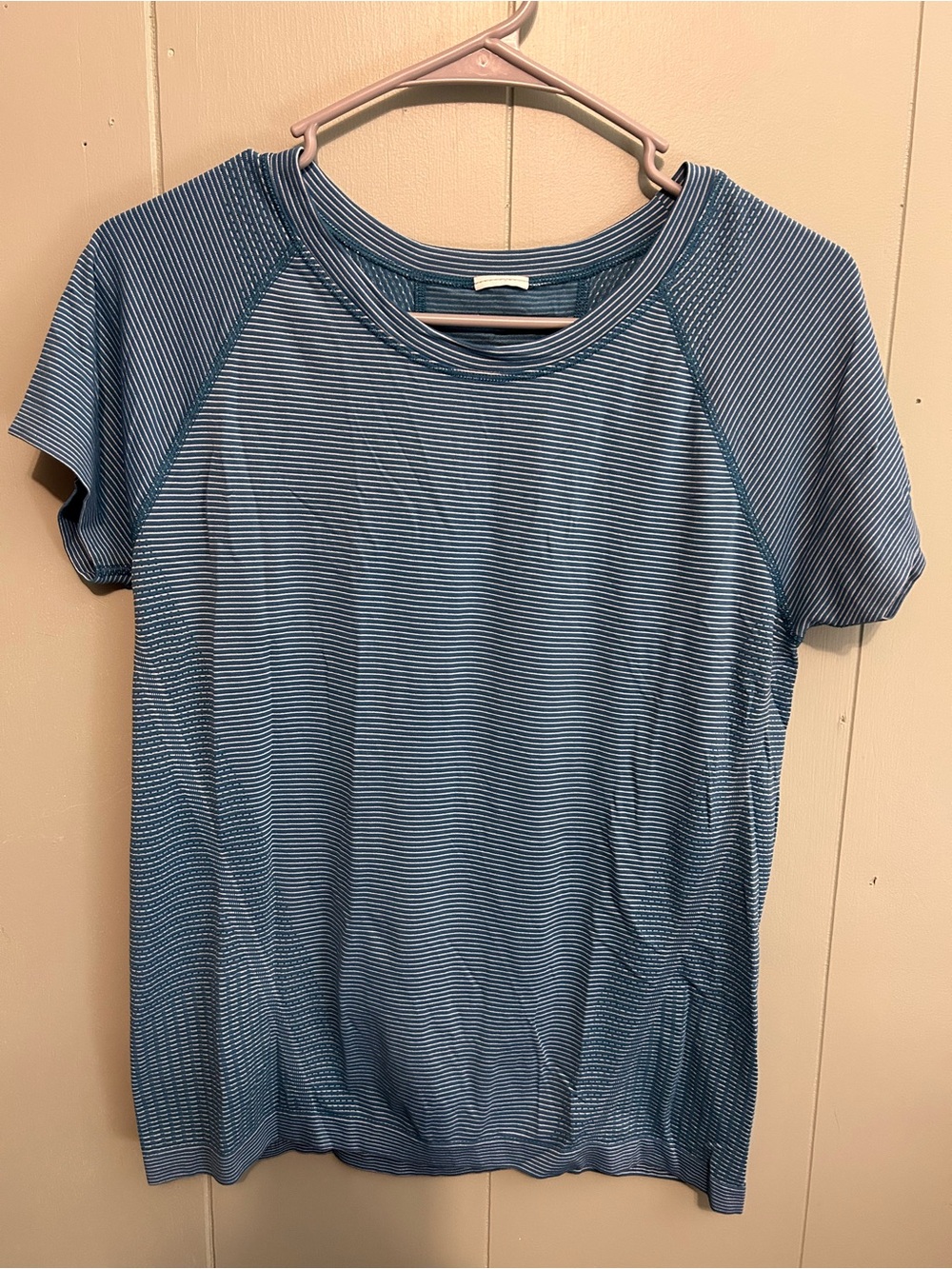 Athleta Blue White Micro-Stripe Short Sleeve Tee